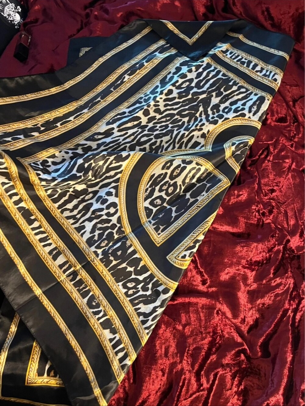 Designer-Inspired Leopard Print Silk Scarf with Gold Trim - Black/White (NWOT) - Picture 5 of 7